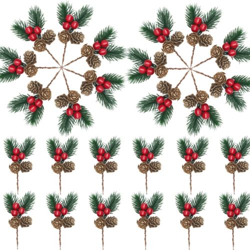 1 Christmas Floral Picks, 30Pcs Pine Cone Holly Berry Stems for Crafts, Artificial Christmas Picks and Sprays, Red Berry Branches Greenery for Christmas Home Decor, Garland, Wreath (30)