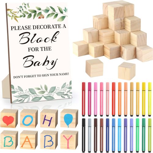 1 Baby Shower Games Sign Kit with 50 Blank Wooden Baby Blocks, 24 Acrylic Paint Marker and Wooden Sign, Blocks for Baby Shower, Gender Reveals Party(Green)