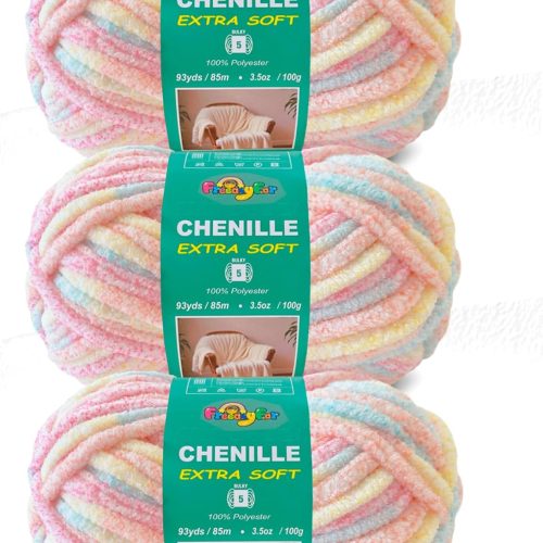 1 Super Soft Velvet Chenille Yarn for Crocheting and Knitting-Easy to Crochet-Bulky, 3.5oz/93yds of Each Skein-Chunky Plush Yarn for Hand Craft Blanket Ammigurumi DIY (Pastel Rainbow, 3 Pack)