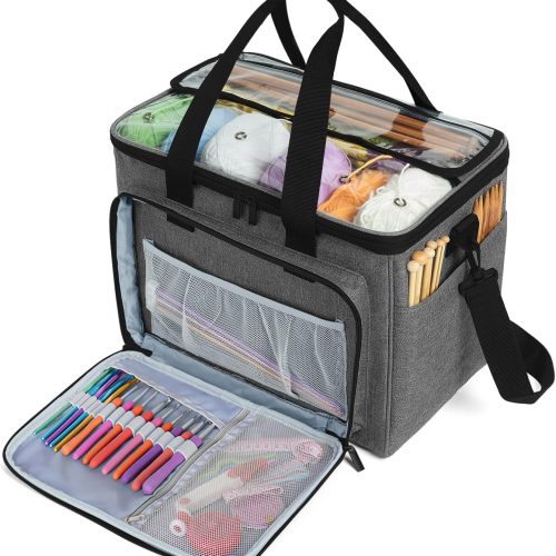 Knitting Bag, Yarn Tote Organizer with Inner Divider (Sewn to Bottom) for Crochet Hooks, Knitting Needles(Up to 14”), Project and Supplies -No Accessories Included, Gray