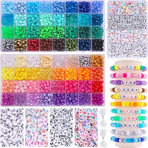 1 QUEFE 2350pcs, 64 Colors, Pony Beads for Bracelet Making Kit, Rainbow Kandi Beads Friendship Bracelet Kit, Letter Beads and Elastic Strings for Bracelet Necklace Making, Craft Gifts Set for Girls