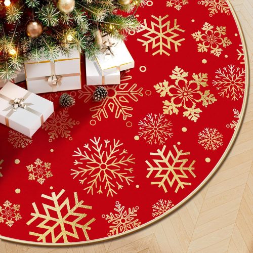 1 DeckTheHalls Christmas Tree Skirt 36 Inch, Snowflake Round Red Tree Skirt, Christmas Tree Skirts for Christmas Party and New Year Party, Xmas Tree Skirt Cover for 4-6ft Christmas Tree Decoration