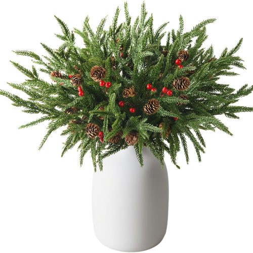 1 10PCS Christmas Norfolk Pine Stems with Pinecones and Red Berry, Real Touch 15 Inch Artificial Norfolk Pine Branches, Fake Greenery Pine Picks for Vase DIY Holiday Winter Table Indoor Decor