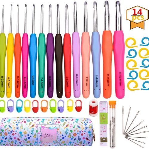 YOKER Crochet Hooks Set, 14 Sizes 2mm(B)-10mm(N) Ergonomic Crochet Needles with Case for Arthritic Hands, Extra Long Crochet Kit