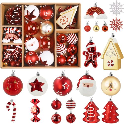 Alupssuc 65pcs Christmas Balls Ornaments Set, Shatterproof Plastic Baubles Gold Gingerbread House, and Tree Topper for Xmas Tree Holiday Wedding Party Decorations with Hanging Strings, Macaron Pink