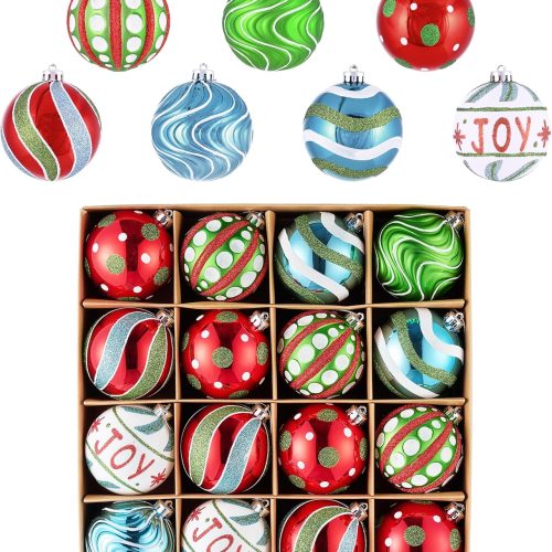 Valery Madelyn Christmas Ornaments Set, 16ct Colorful Red Green Blue Shatterproof Christmas Tree Decorations Ball Ornaments Bulk, 2.36 Inch Rainbow Hanging Ornaments for Xmas Trees Holiday Party Decor