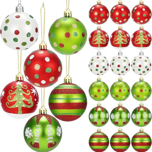 24 Pcs Christmas Ball Ornaments for Tree 2.4 Inch Glittering Hanging Christmas Ornaments Red and Green White Elf Balls Shatterproof Xmas Baubles for Christmas Tree Decorations Home Holiday Party Decor