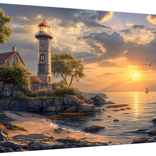 HeeBenor Large Diamond Art Kit for Adults, 5D Lighthouse Painting Kit, DIY Full Drill Sunset, Gem Art Kit for Home Wall Decor 27.5 X 15.7 Inch