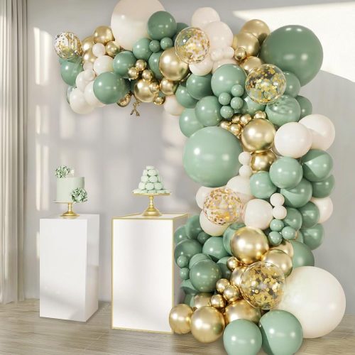 Sage Green Balloons Arch Kit, Green And Gold Balloons White Sand Olive Confetti Balloons Arch for Birthday Bridal Shower Engagement Baptism Wild One Party Decorations