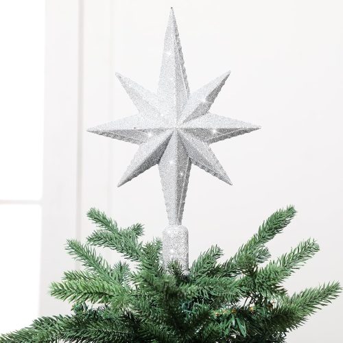 Civaner 11" Bethlehem Star Tree Topper Silver Glitter Christmas Star Tree Topper Vintage Decorative Christmas Ornaments for Home Xmas Party Holiday Decor