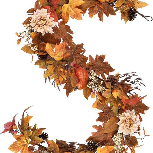 Fall Garland 6Ft Lifelike Autumn Maples Leaf Pumpkin Garland with Berries Pine Cones, Fall Decorations for Home Thanksgiving Halloween Fireplace Farmhouse Porch Indoor Outdoor Decorations