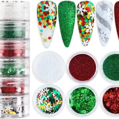 6 Boxes Christmas Nail Art Glitter Sequins 3D Holographic Winter Xmas Snowflake Nail Glitter Flakes Red Green White Nail Glitter Powder Christmas Confetti Glitter for DIY Nail Art Party