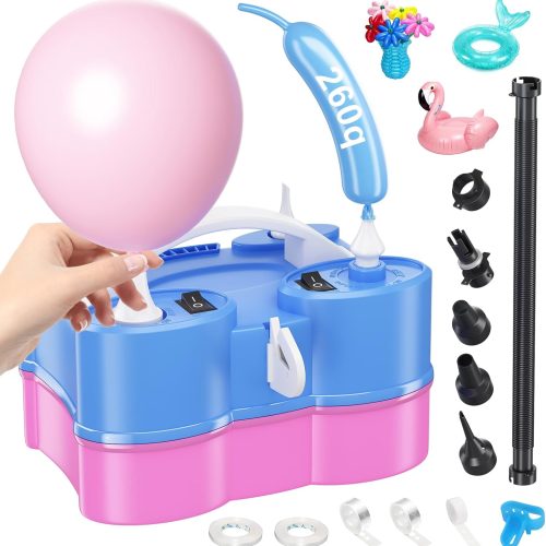 Electric Balloon Pump, Dagelar 3-in-1 Portable Air Balloon Pump for Latex 260Q Long Foil Balloons, 110V Automatic Dual Nozzle Inflator Deflator Inflatables, Pool Floats Raft, Air Mattress (Blue Pink)