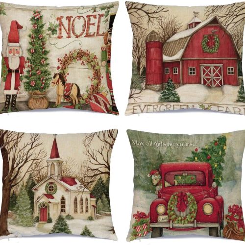 Hlonon Christmas Decorations Christmas Pillow Covers 18 x 18 Inches Set of 4 - Xmas Series Cushion Pillow Cover Custom Zippered Square Pillowcase