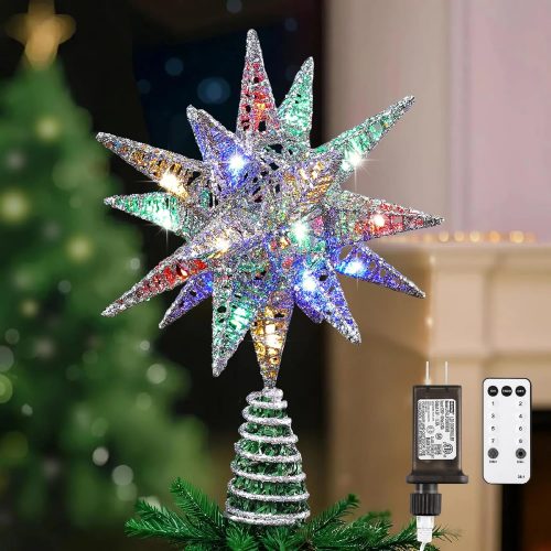 Lewondr Christmas Tree Topper Star, 13 Inch 10-Pointed Light Up Xmas Star Treetop with Plug and Remote Control for Home Christmas Decoration, 6H Timer & 8 Lighting Modes, Warm Light, Champagne