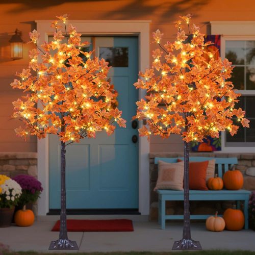 2PCS 6FT 240LED Artificial Lighted Maple Tree Warm White Fall Decorations Indoor Outdoor, Orange