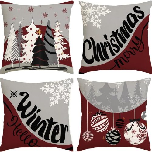 RABUSOFA Christmas Pillow Covers 18x18 Set of 4, Burgundy Outdoor Throw Cases for Tree Decorations, Xmas Decor Winter Decorative Pillows for Couch, Holiday Gray