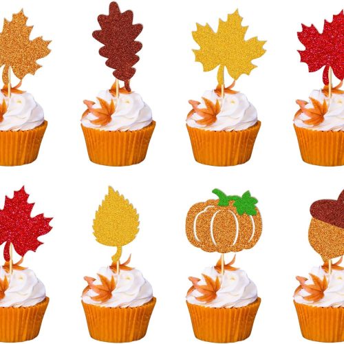 47 Pcs Pumpkin Cupcake Topper Autumn Pumpkin Maple Leaf Fall Harvest Thanksgiving Theme Cake Picks for Autumn Festival Thanksgiving Day Birthday Baby Shower Engagement Party Decorations