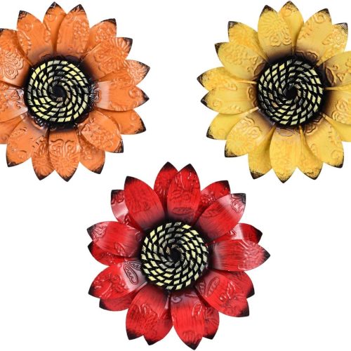 YEAHOME Sunflower Wall Decor - 9 inch Metal Flower Wall Art Decorations, Sunflower Yard Garden Decor Hanging for Kitchen, Bathroom, Bedroom, Set of 3 Handmade Gift for Home, Indoor or Outdoor