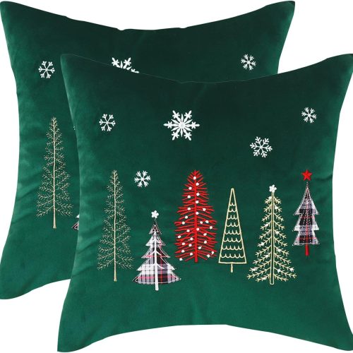Tosleo Christmas Embroidery Throw Pillow Covers 18x18 inch Set of 2 Christmas Dec Velvet Pillowcases Forest Green Xmas Trees Cushion Pillow Cases Soft Square Holiday Pillowcase