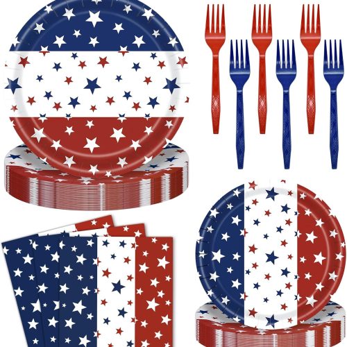1 96 Pieces Patriotic Plates and Napkins 4th of July Tableware Set, Red White Blue Stripes with Stars Disposable Paper Plates, Napkins, Forks for Independence Day Memorial Day Party Supplies- Serves 24