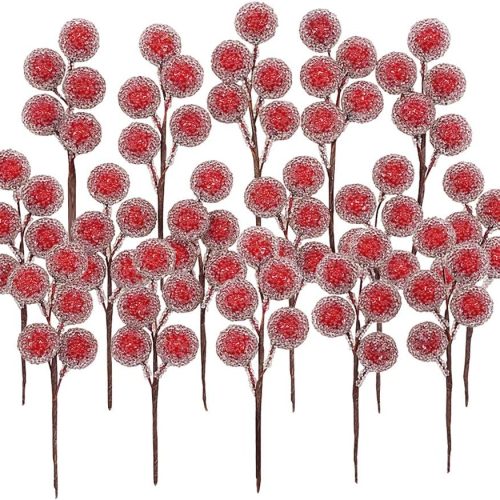 1 Artificial Red Holly Leaves Berry Picks Stems Fake Winter Christmas Berries Decor for DIY Garland and Holiday Wreath Ornaments, 16 Branch by Bilipala