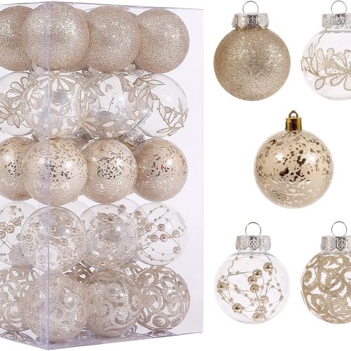 60mm/2.36inch Clear Christmas Ornaments Set, 30ct Champagne Christmas Ornaments Balls for Christmas Tree Decorations Shatterproof Transparent Baubles with Stuffed Decoration for Xmas Wedding Party