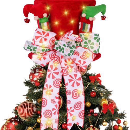 Christmas Tree Topper Hat, Large Red Bow Christmas Tree Topper, Lighted Red Velvet Hat with Elf Legs Christmas Tree Decorations, Tabletop Ornaments for Holiday Home Decor