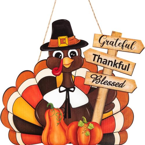 Thanksgiving Decoration Wooden Turkey Pumpkin Door Wreath for Front Door Sign Wall Signs, Thankful Blessed Grateful Pumpkin Sign Hanging for Fall Autumn Harvest Home Halloween Decoration