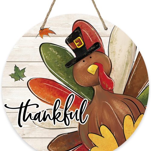 Thanksgiving Thankful Turkey Sign for Front Door Decor, Fall Maple Leaves Wood Door Hanger for Outdoor Outside Porch, Autumn Farmhouse Rustic Wooden Wreath Indoor Wall Hanging Decoration