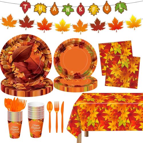 1 Thanksgiving Party Supplies 170 PCS Disposable Tableware Set – Fall Harvest Decorations with Maple Leaf Plates, Napkins, Cups, Banner & Tablecloth – Autumn Dinnerware for 24 Guests