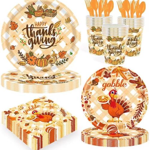 1 168 Pcs Thanksgiving Plates and Napkins Fall Pumpkin Maple Leaf and Turkey Disposable Dinnerware Set Include Napkins Cups Cutlery Party Supplies for Thanks Giving Party Decorations, Serve 24