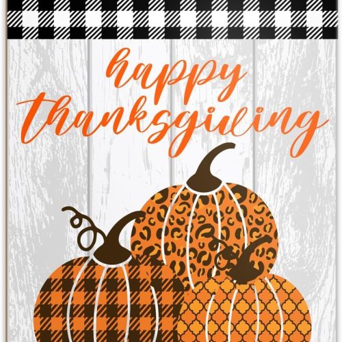 Happy Thanksgiving Decor Sign, Thankful Decorations Buffalo Plaid Fall Hanging Sign for Front Door Porch Home Wall Decor Leopard Pumpkin Farmhouse Autumn Thanksgiving Rustic Decorations Wooden Plaque 7.8×10.2 Inch