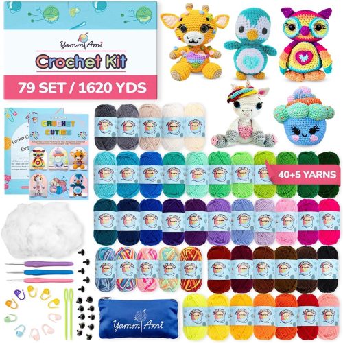 YammiAmi 1,620 Yards Beginner Crochet Kit for Adults & Kids – 79 Pc Amigurumi Crochet Kit with 45 Skeins Yarn, Ergonomic Hooks, Accessories Set, Storage Pouch & Amigurumi Book for Learning Crochet