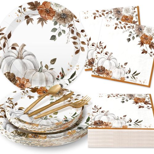 150Pcs Fall Party Supplies Kit Pumpkin Floral Paper Plates Napkins Plastic Knives Forks Spoons for Autumn Thanksgiving Party Tableware, Serves 25
