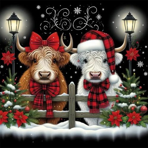 Christmas Diamond Art Kits for Adults, Christmas Highland Cow Diamond Painting Kits for Adults Beginners, 5D DIY Full Drill Round Rhinestone Gem Art Crafts Paintings for Home Wall Decor 14x14 inch