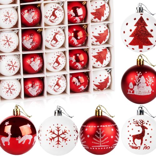ilauke Christmas Ornaments Set, 30Pcs Shatterproof Red&White Christmas Balls Ornaments Traditional Xmas Tree Ornament Including Elk Snowflake Pine Patterns (2.36"/6cm)