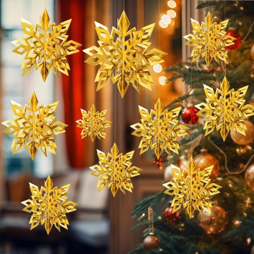 1 18pcs 3D Gold Large Snowflake Decorations, Holographic Paper Hanging Snowflakes Ornaments for Christmas Hanging Decoration Frozen Party Supplies