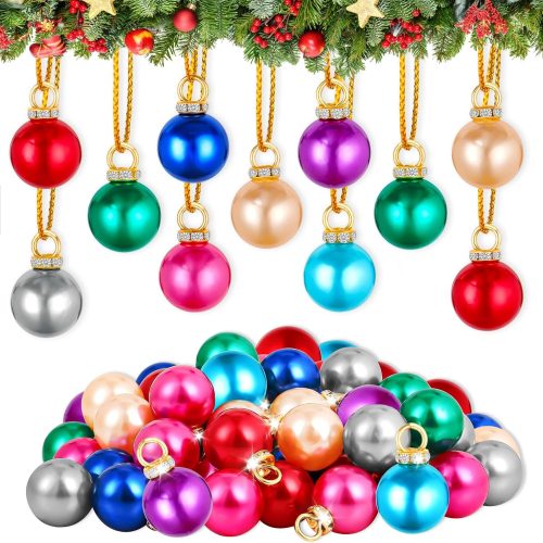 64 Pcs Mini Christmas Balls Ornaments 16mm Glitter Colorful Balls Christmas Decor Hanging Pendant for Xmas Tree DIY Craft Holiday (Red,Champagne,Pink,Green,Light Blue,Royal-Blue,Purple,Gray)