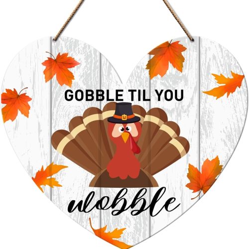 Fall Thanksgiving Wall Door Sign Decor, Fall Thankful Turkey Decoration for Home Kitchen Dining Room Farmhouse Living Room Autumn Thanksgiving Heart Wood Plaque Hanging Wall Decor Sign, Gobble Til You
