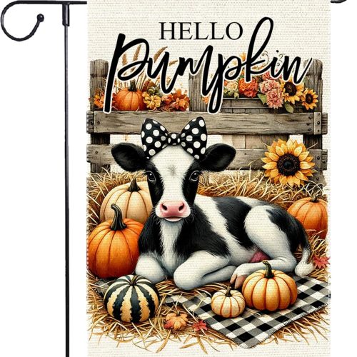 Fall Cow Garden Flag Pumpkin Garden Flags 12x18 Inch Autumn Vertical Double Sided Rustic Farmhouse Home Decor Burlap Yard Lawn Outdoor Thanksgiving Decoration