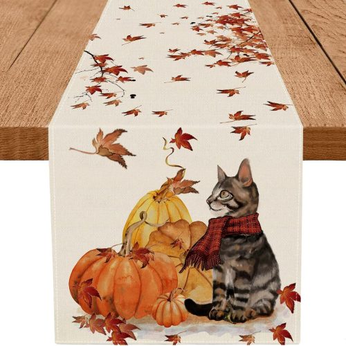 Fall Table Runner Pumpkins Cat Maple Leaf Autumn Harvest Seasonal Thanksgiving Decorations for Home Kitchen Dining Room Party Decor 13 x 48 Inch