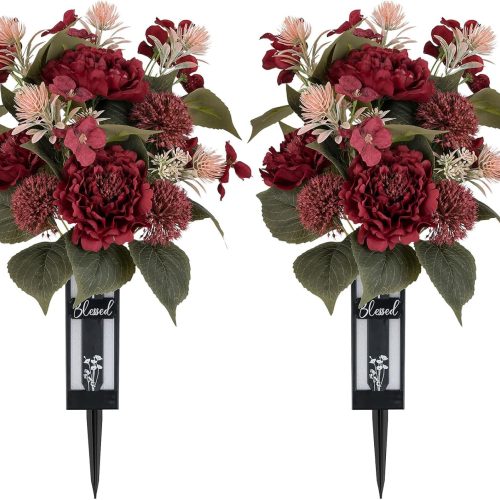 Red Cemetery Flowers for Grave: 2 Pcs Peony Grave Flower Bouquets for Cemetery Decorations - Christmas Outdoor Gravesite Flowers with Vase