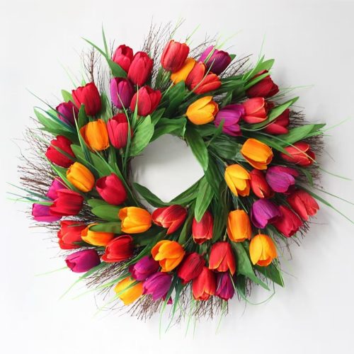 Tulip Wreath for Front Door, 18 Inch Spring Fall Red Tulip Flower Wreath with Green Leaves Wreaths for All Seasons Window Wall Wedding Holiday Party Farmhouse Decorations Indoor Outdoor