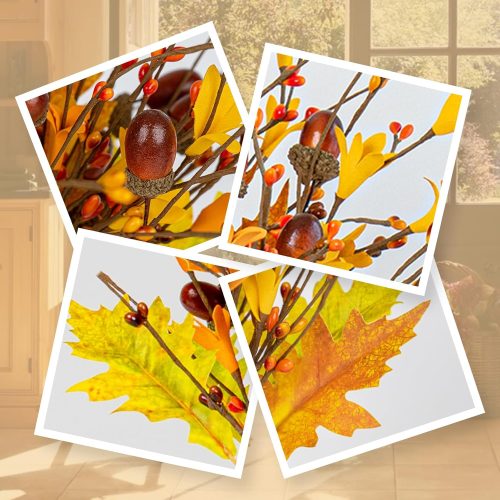 Artificial Fall Flowers 12 Pack Fall Leaves Stems 17 Inch Fall Floral Picks with Forsythia Acorn and Berry for Thanksgiving Holiday Celebration