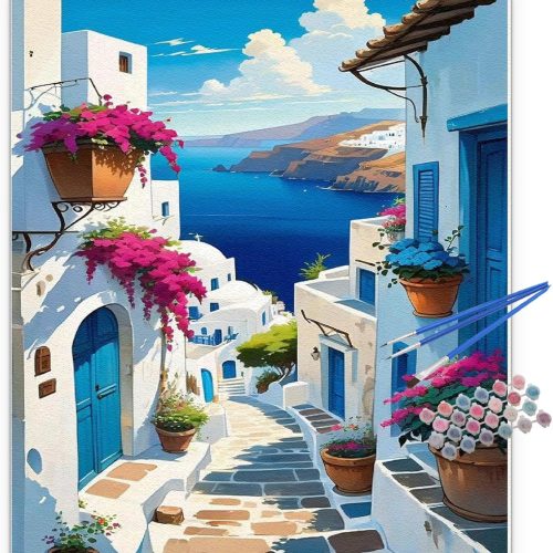 Sunset Santorini Paint by Numbers Kit for Adults,Landscape Adult Paint by Number Kits,Adult Paint by Number Canvas with Paintbrushes and Acrylic Pigment 16x20 inch
