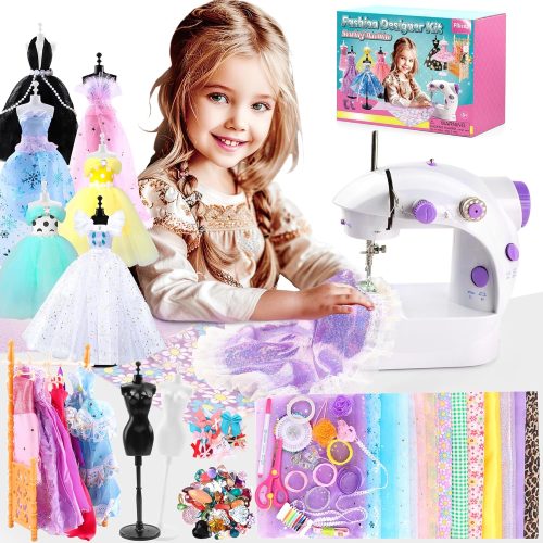 Mini Sewing Machine for Kids 8-12, 240 Pieces Fashion Designer Kit with Portable Small Sewing Machine, DIY Doll Clothes Making Kit with 2 Mannequins, Creativity Gift Toy for Girls
