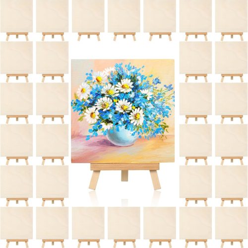 36 Pcs Mini Wood Panels with Easel Set 4 x 4 Inch Unfinished Craft Wood Board Square Wooden Panels Canvas with Display Easel for Oil Painting Drawing Pouring DIY Art Crafts