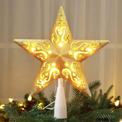 Gold Christmas Tree Topper, 8” 3D Christmas Star Topper, Glittered Hollow Xmas Tree Topper with 10 Warm White Lights, UL Certified Lighted Xmas Star Treetop for Holiday Home Decoration