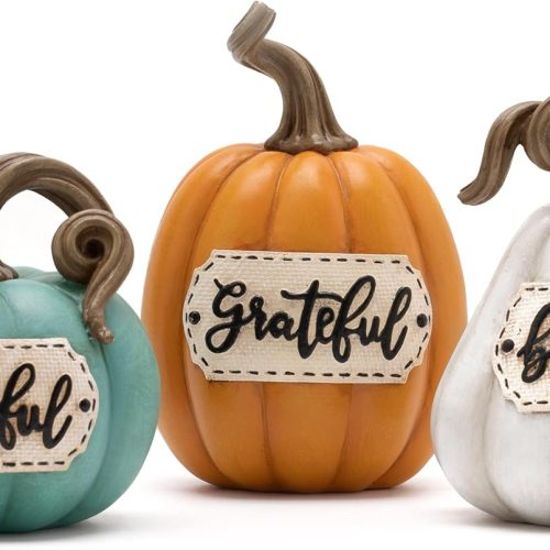Pumpkins Fall Table Decor for Home, Set of 3 Resin Decorative Pumpkins Figurines Decor Indoor Tabletop Centerpieces Harvest Autumn Thanksgiving Dining Room Shelf Decoration, 6.3 inch